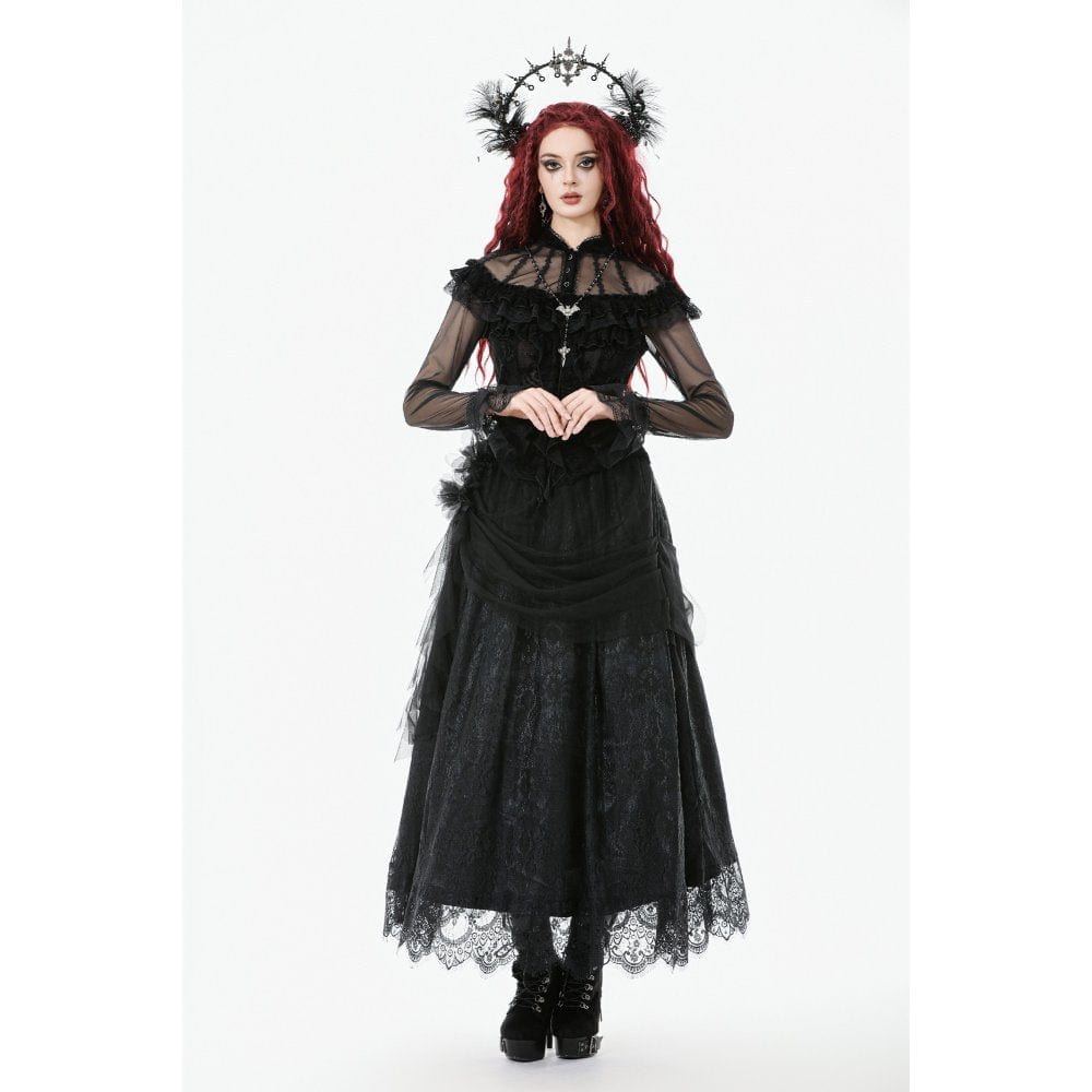 Darkinlove Women's Gothic Lace Floral Pleated Tulle Long Skirt