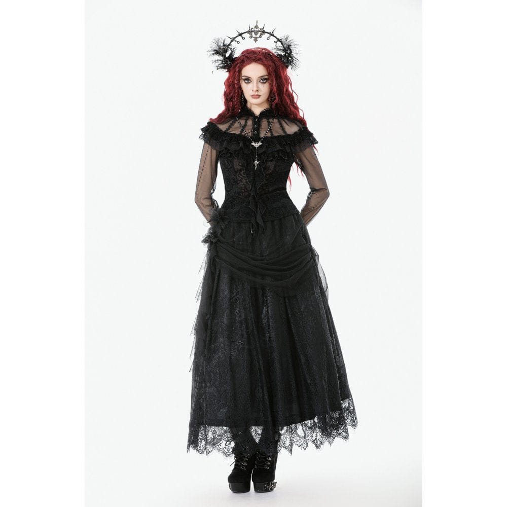 Darkinlove Women's Gothic Lace Floral Pleated Tulle Long Skirt