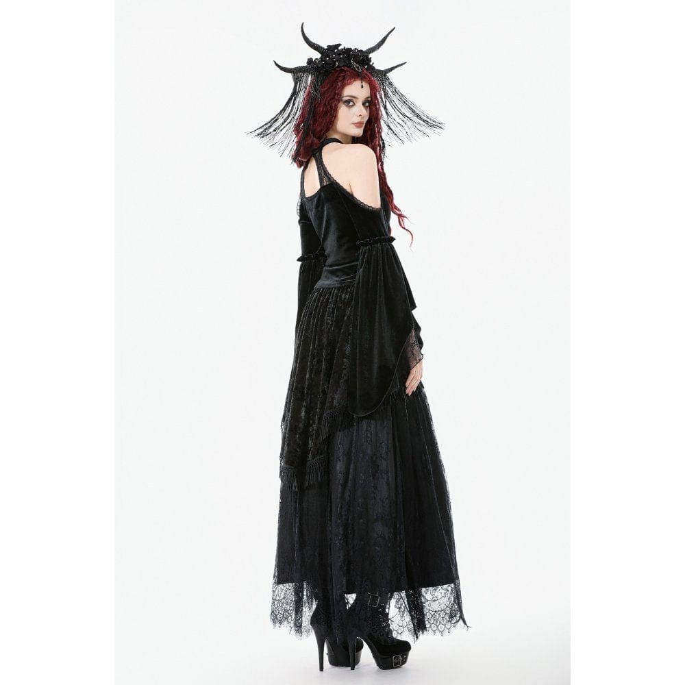 Darkinlove Women's Gothic Lace Floral Tassel Maxi Skirt