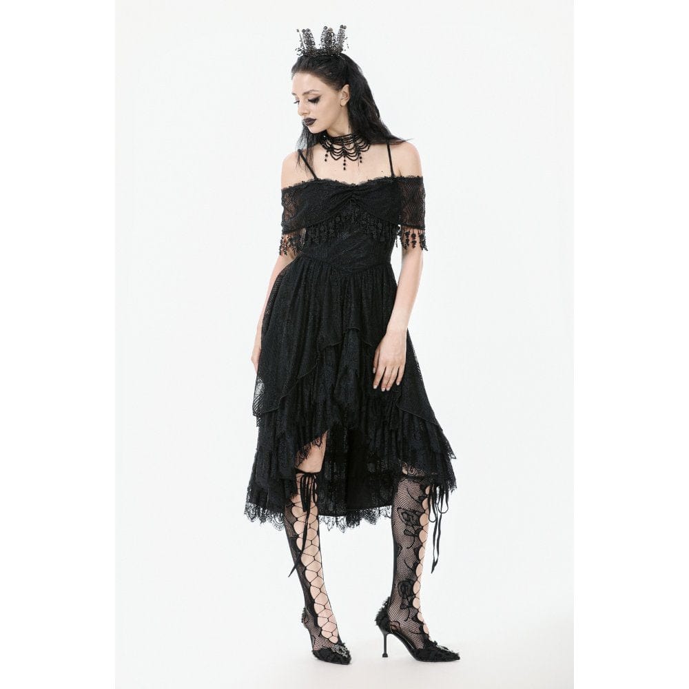 Darkinlove Women's Gothic Lace Off-Shoulder Tassels Dress