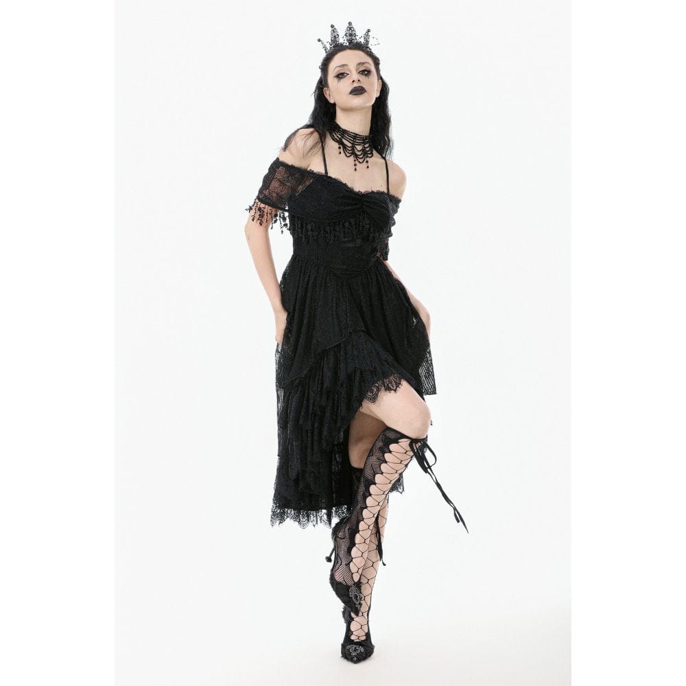 Darkinlove Women's Gothic Lace Off-Shoulder Tassels Dress