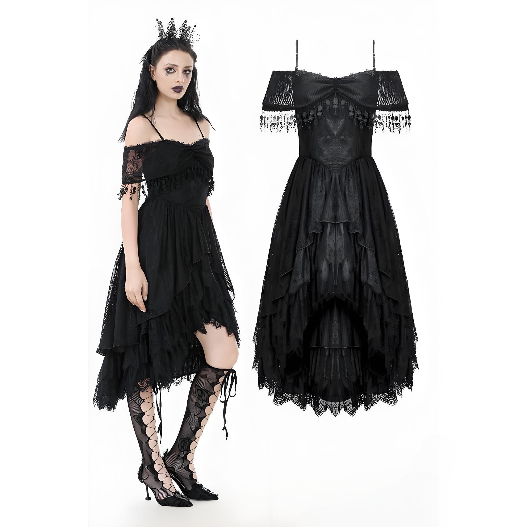 Darkinlove Women's Gothic Lace Off-Shoulder Tassels Dress