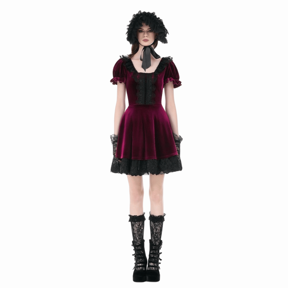 Darkinlove Women's Gothic Lace Patchwork Square-cut Collar Velvet Dress