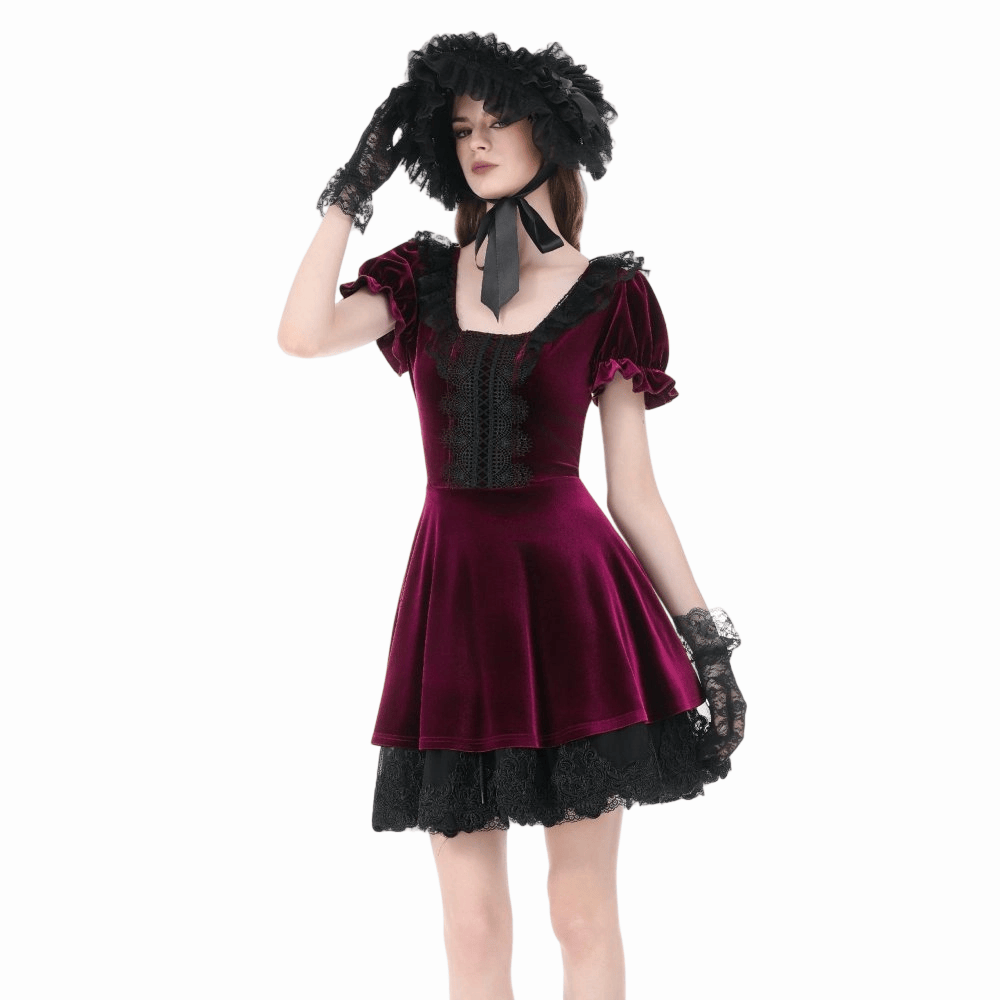 Darkinlove Women's Gothic Lace Patchwork Square-cut Collar Velvet Dress