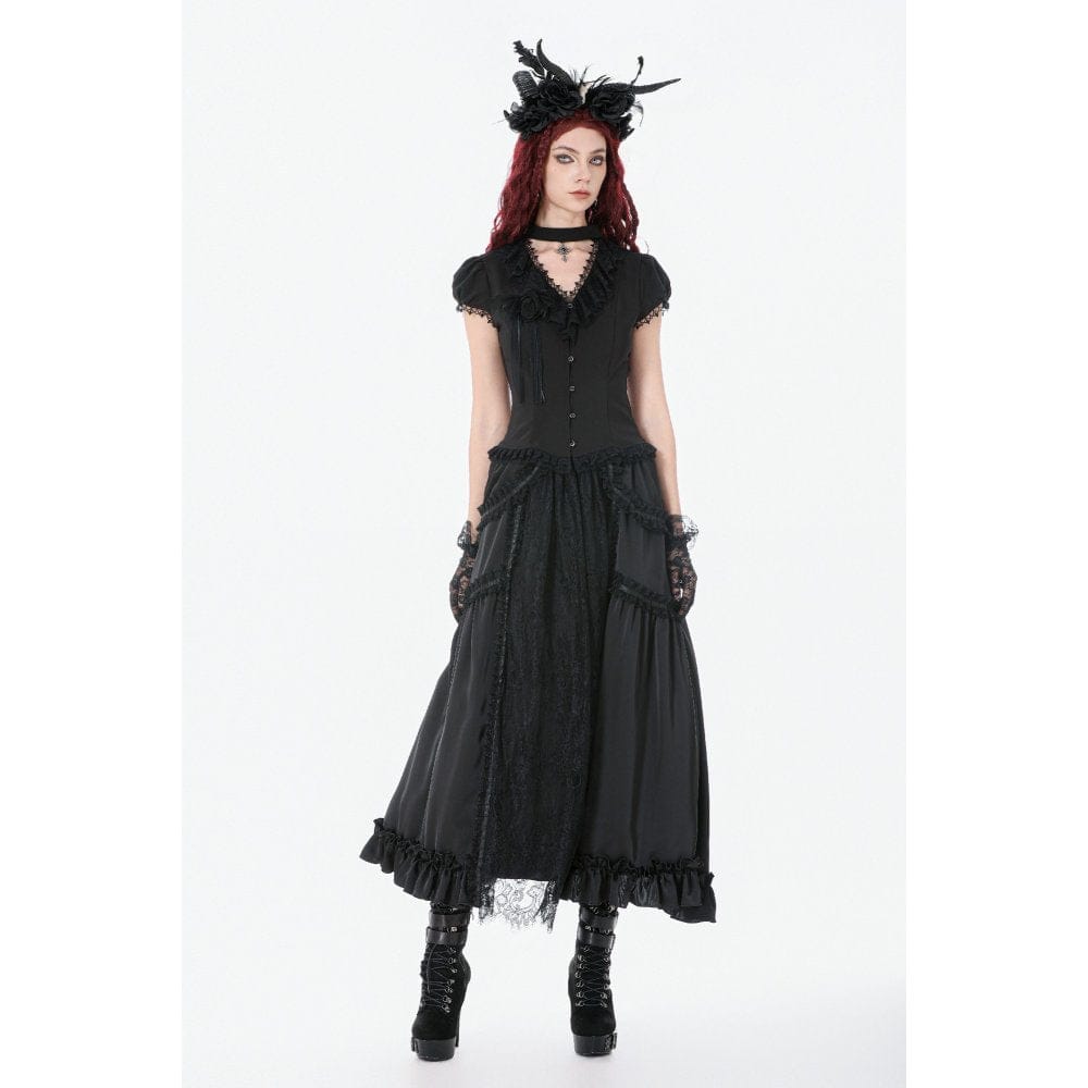 Darkinlove Women's Gothic Lace Ruched Ruffled Maxi Skirt Black