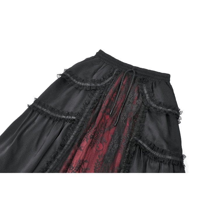 Darkinlove Women's Gothic Lace Ruched Ruffled Maxi Skirt Black-Red