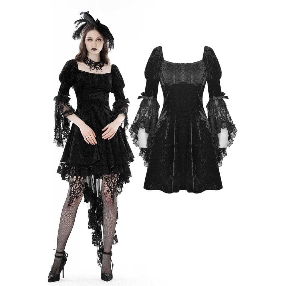 Darkinlove Women's Gothic Lace Sleeved Velvet Dress