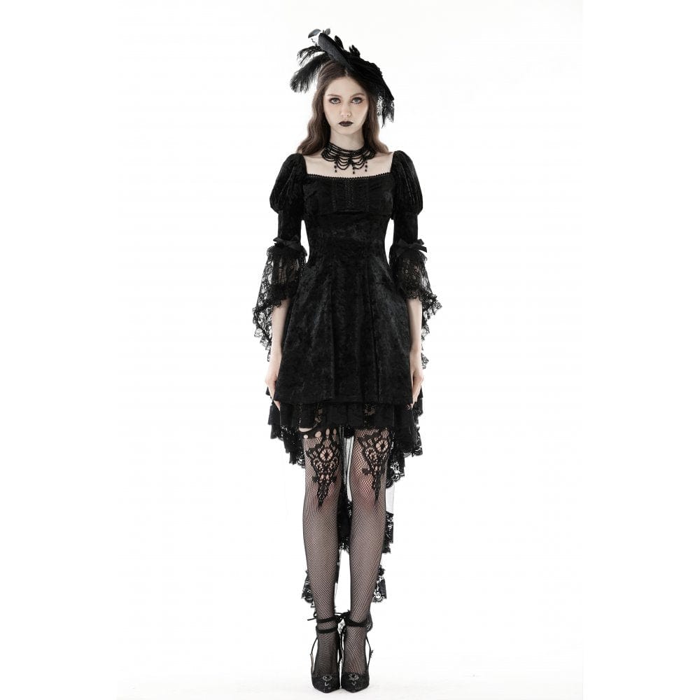 Darkinlove Women's Gothic Lace Sleeved Velvet Dress