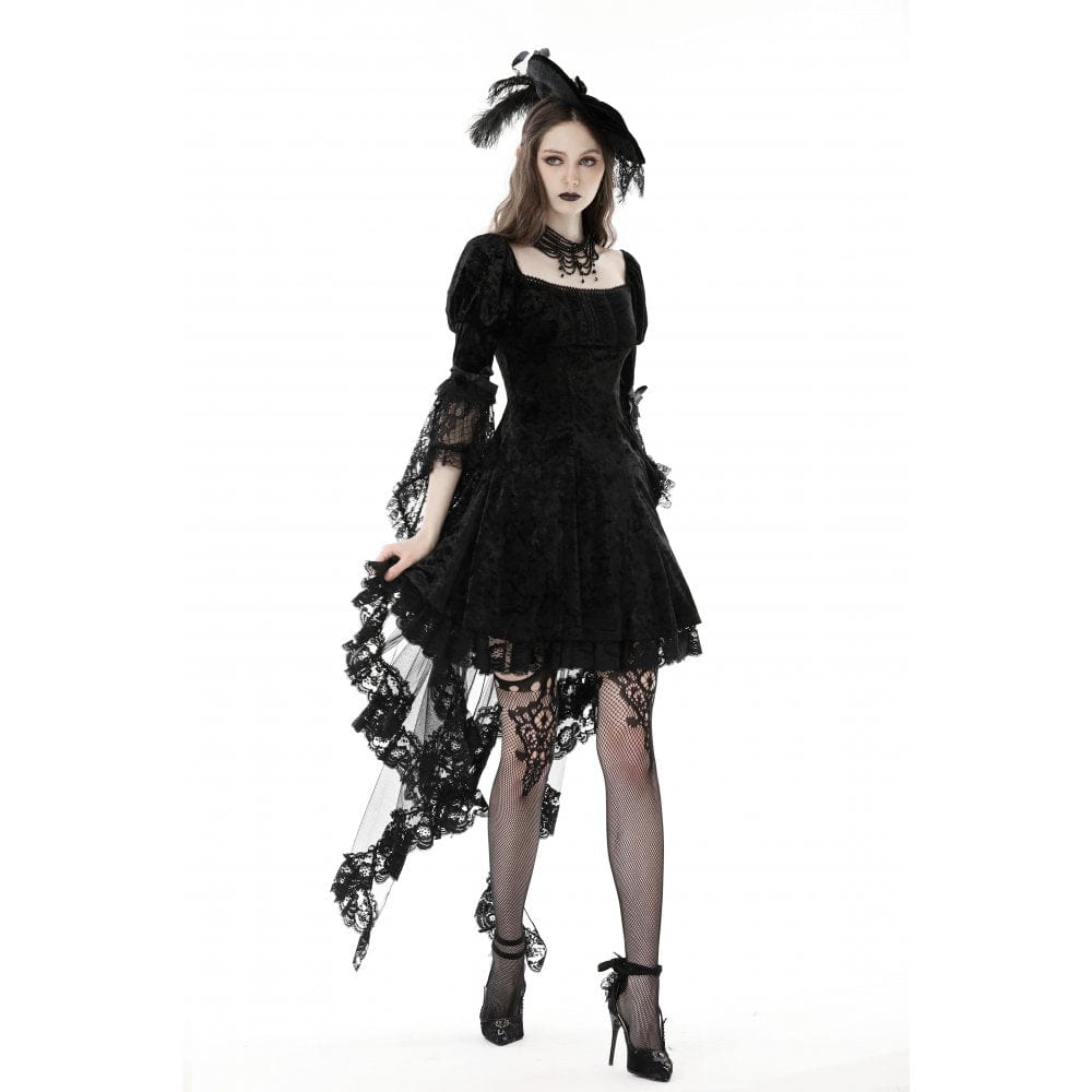Darkinlove Women's Gothic Lace Sleeved Velvet Dress