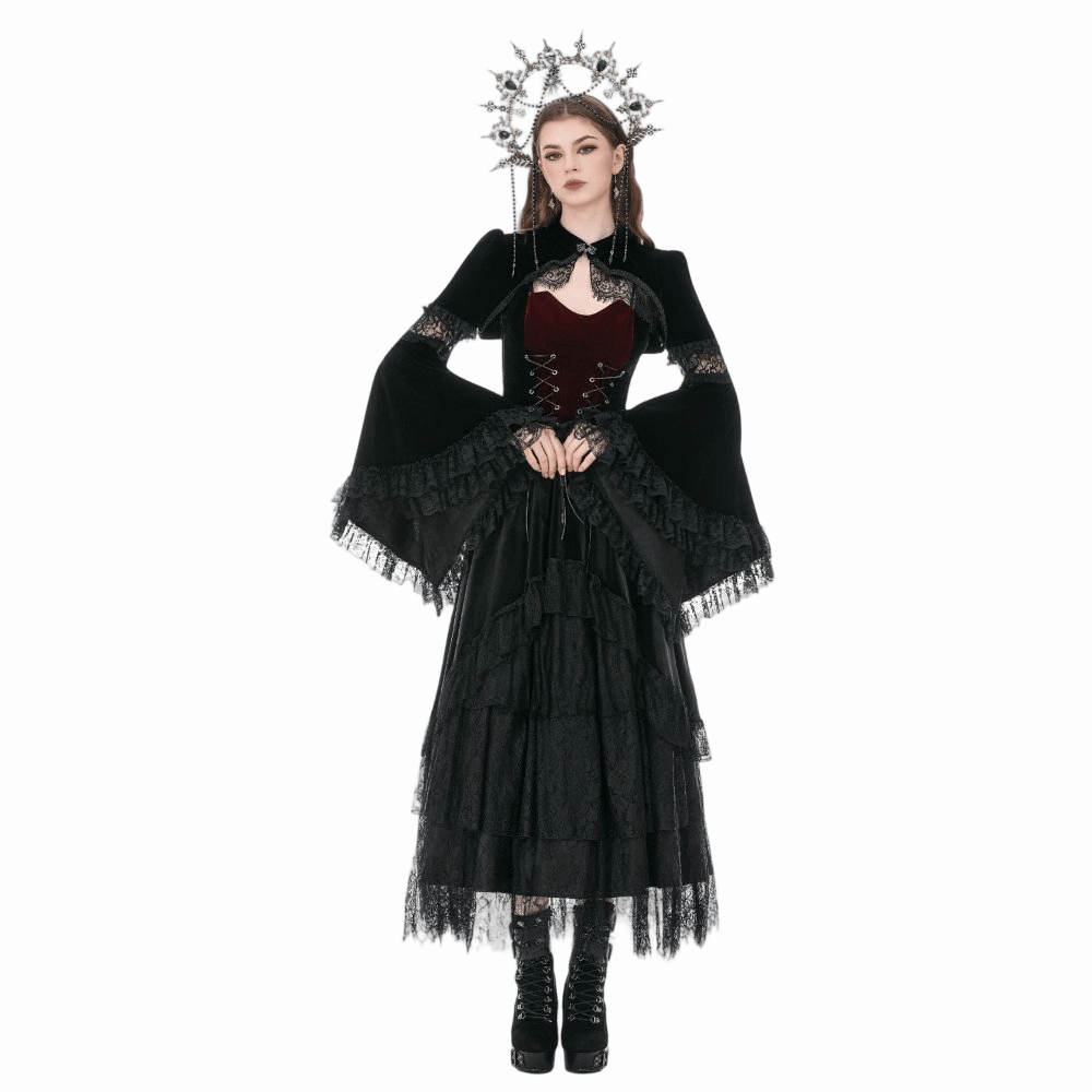 Darkinlove Women's Gothic Lace Splice Flare Sleeve Velvet Cape