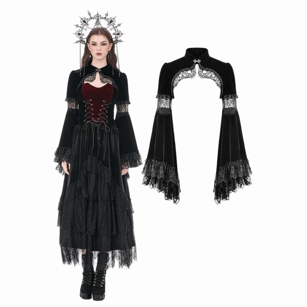 Darkinlove Women's Gothic Lace Splice Flare Sleeve Velvet Cape