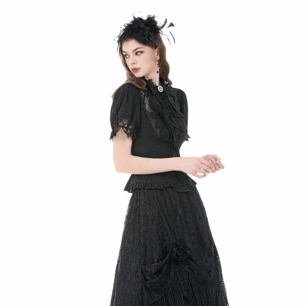 Darkinlove Women's Gothic Lace Splice Lace-up Shirt with Detachable Bowknot