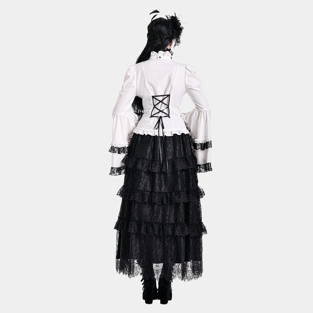 Darkinlove Women's Gothic Lace Splice Ruffle Contrast Color Bell Sleeve Blouse with Detachable Neck Tie