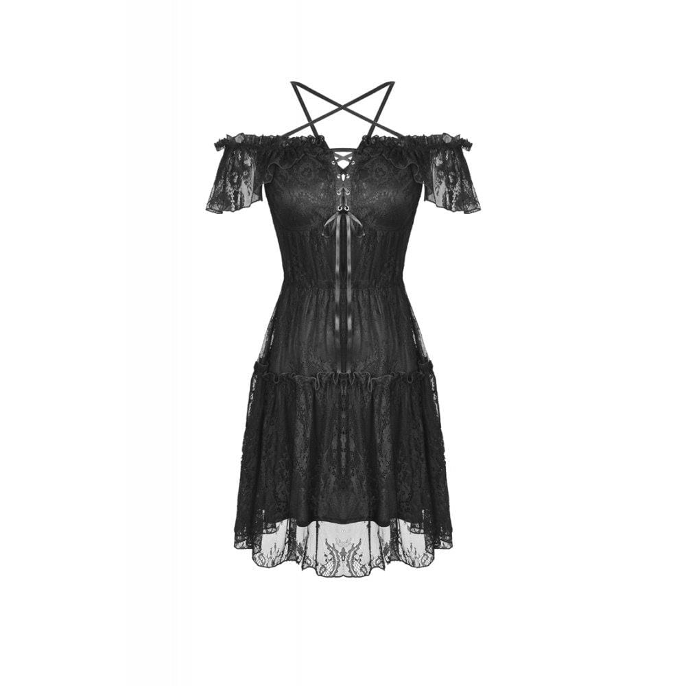 Darkinlove Women's Gothic Lace Star-line Chest Short Sleeved Lace Dresses