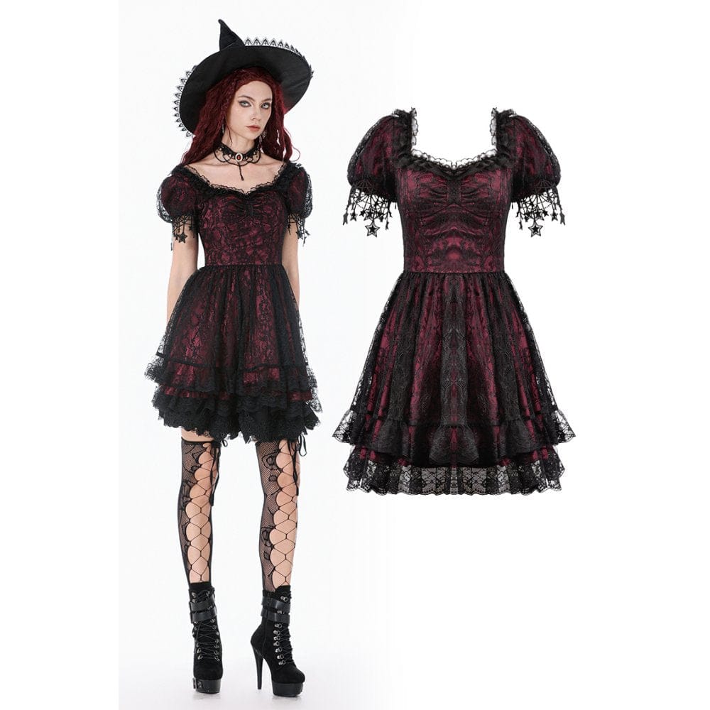Darkinlove Women's Gothic Lace Star Square-cut Collar Short Sleeved Dress