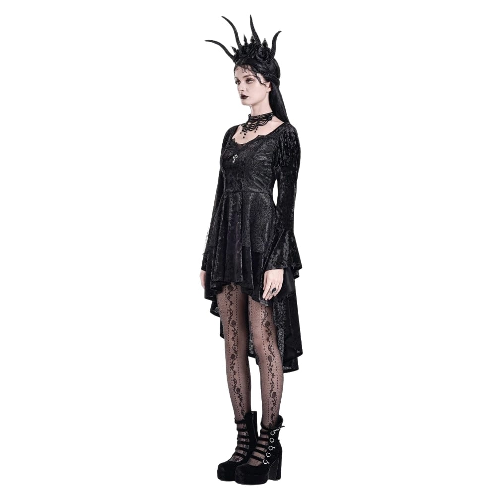 Darkinlove Women's Gothic Lace-up High/Low Hem Puff Flare Sleeve Short Dress
