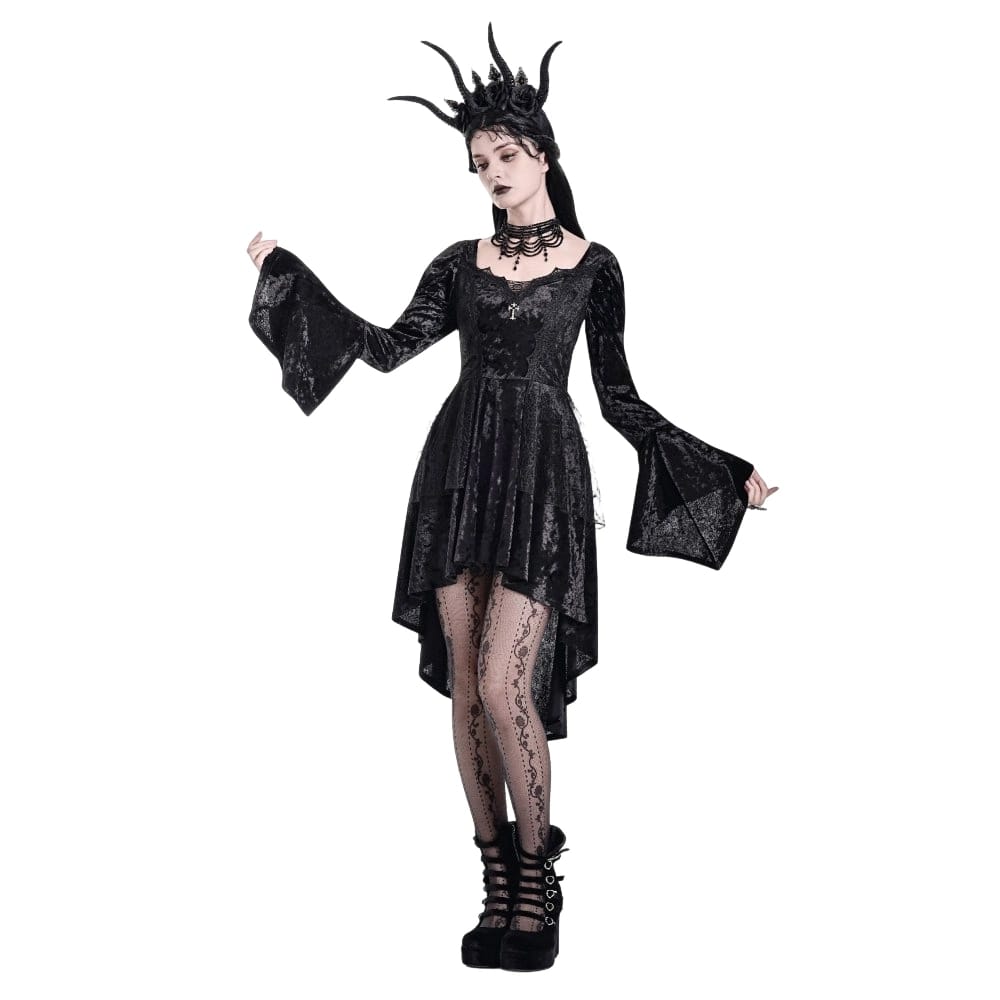 Darkinlove Women's Gothic Lace-up High/Low Hem Puff Flare Sleeve Short Dress
