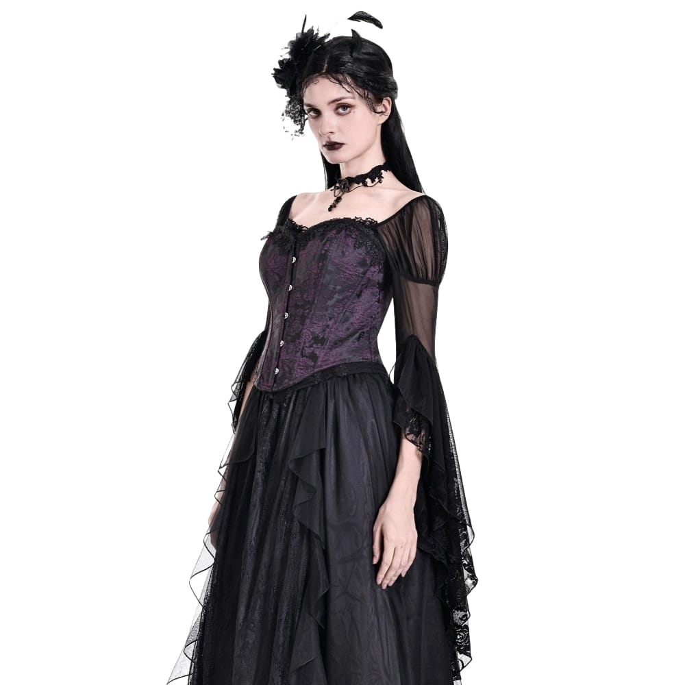 Darkinlove Women's Gothic Lace-up Jacquard Overbust Corset Purple