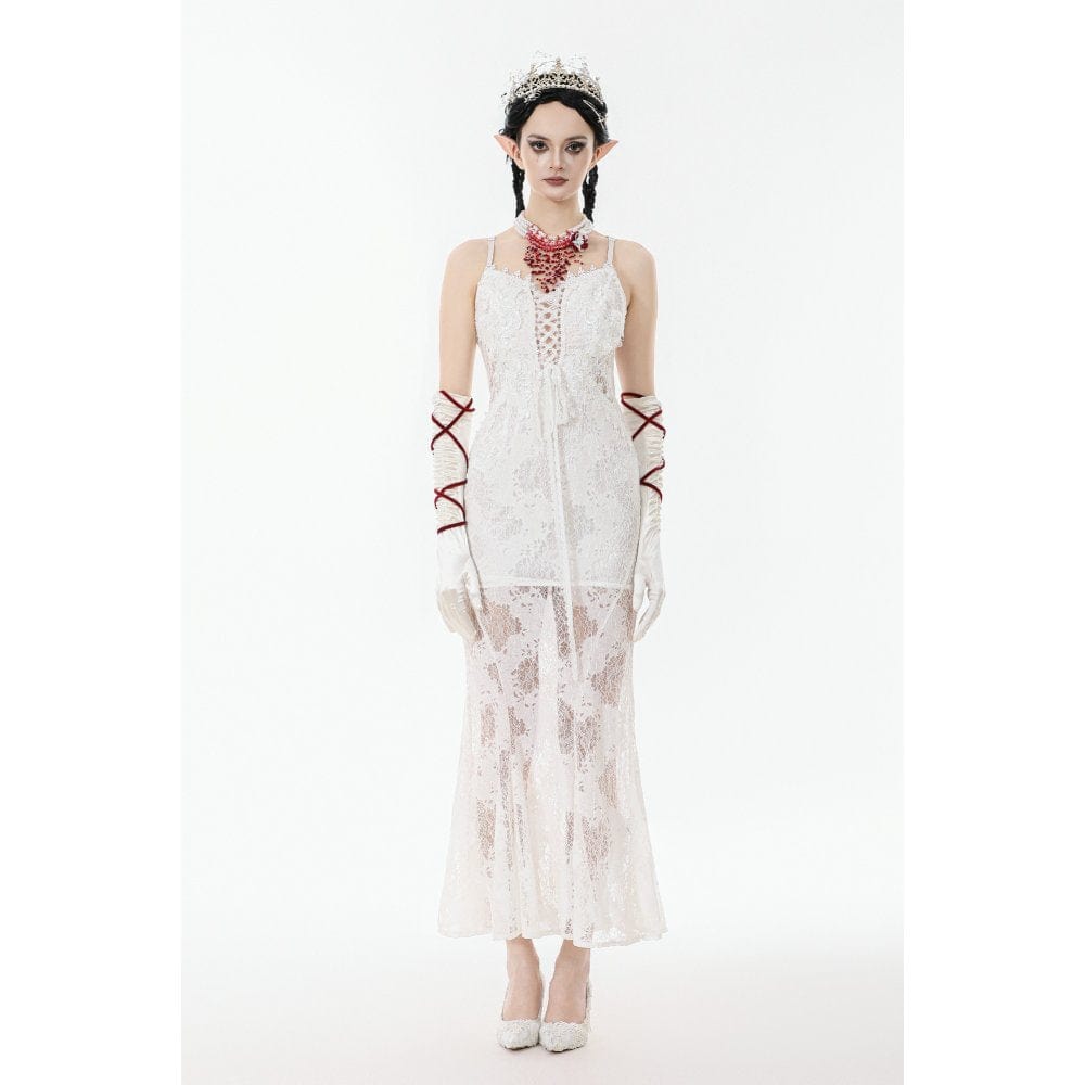 Darkinlove Women's Gothic Lace-up Lace Slip White Dress