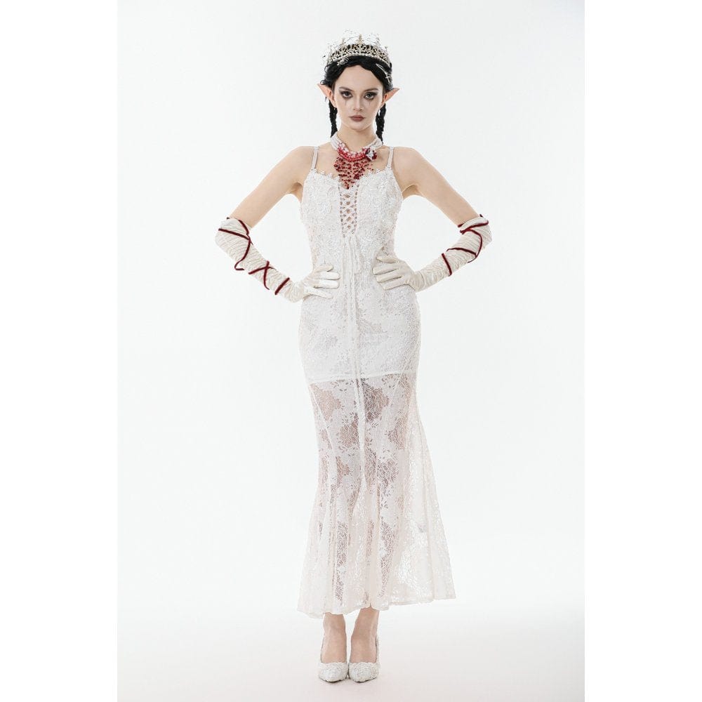 Darkinlove Women's Gothic Lace-up Lace Slip White Dress