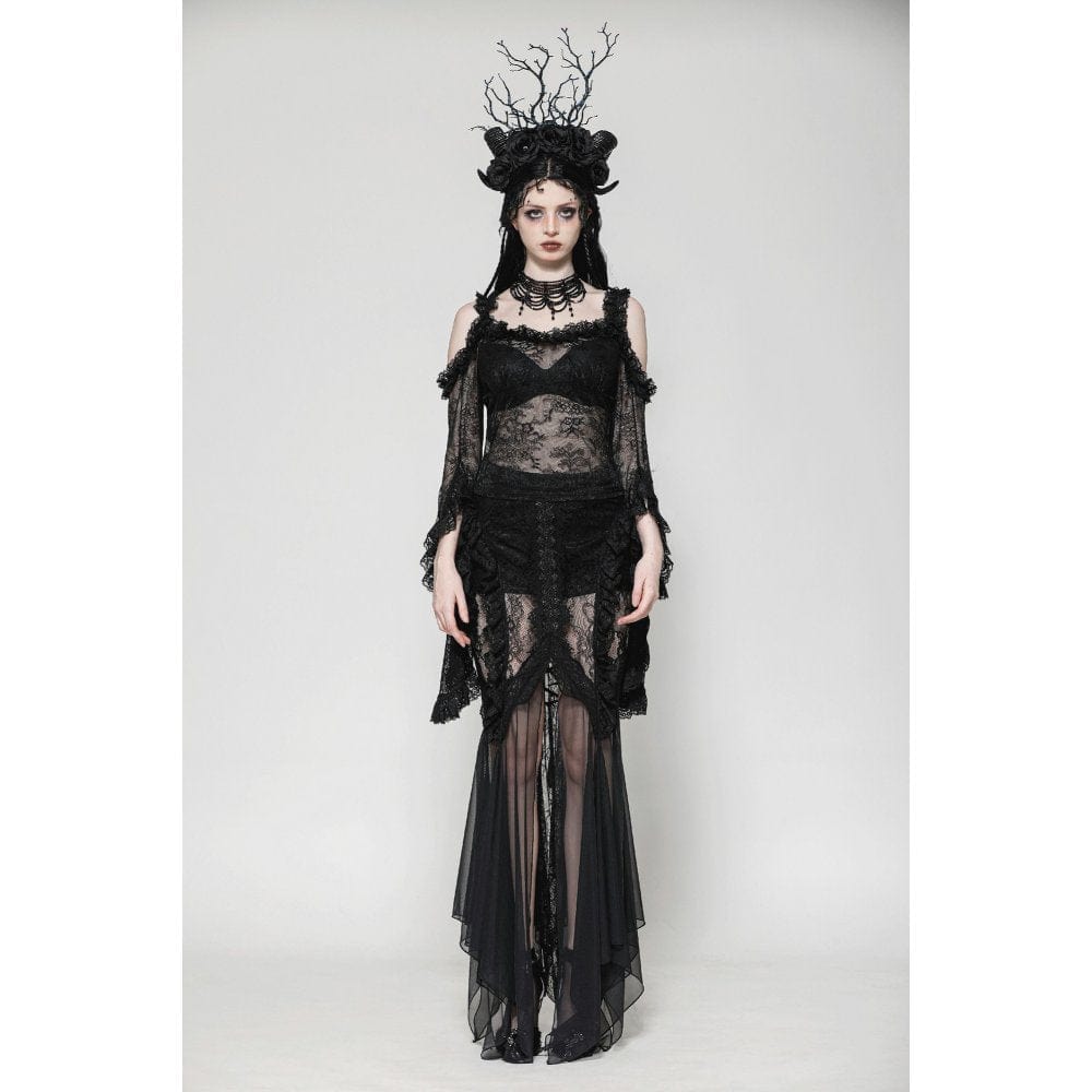 Darkinlove Women's Gothic Lace-up Mesh Splice Lace Fishtailed Skirt