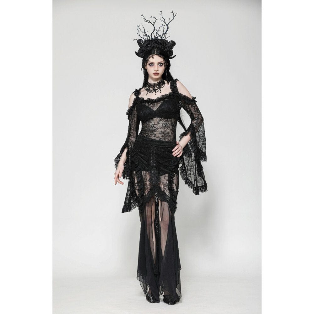 Darkinlove Women's Gothic Lace-up Mesh Splice Lace Fishtailed Skirt