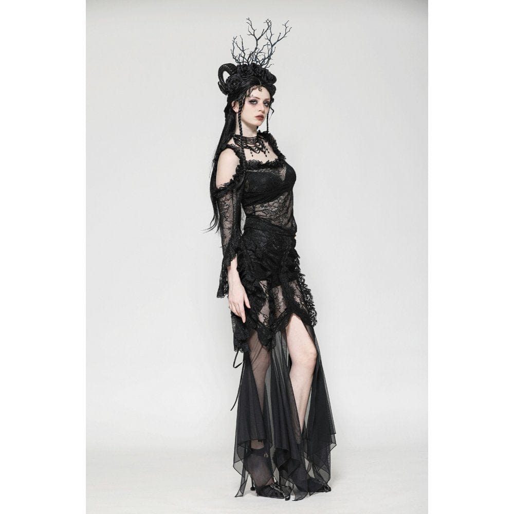 Darkinlove Women's Gothic Lace-up Mesh Splice Lace Fishtailed Skirt