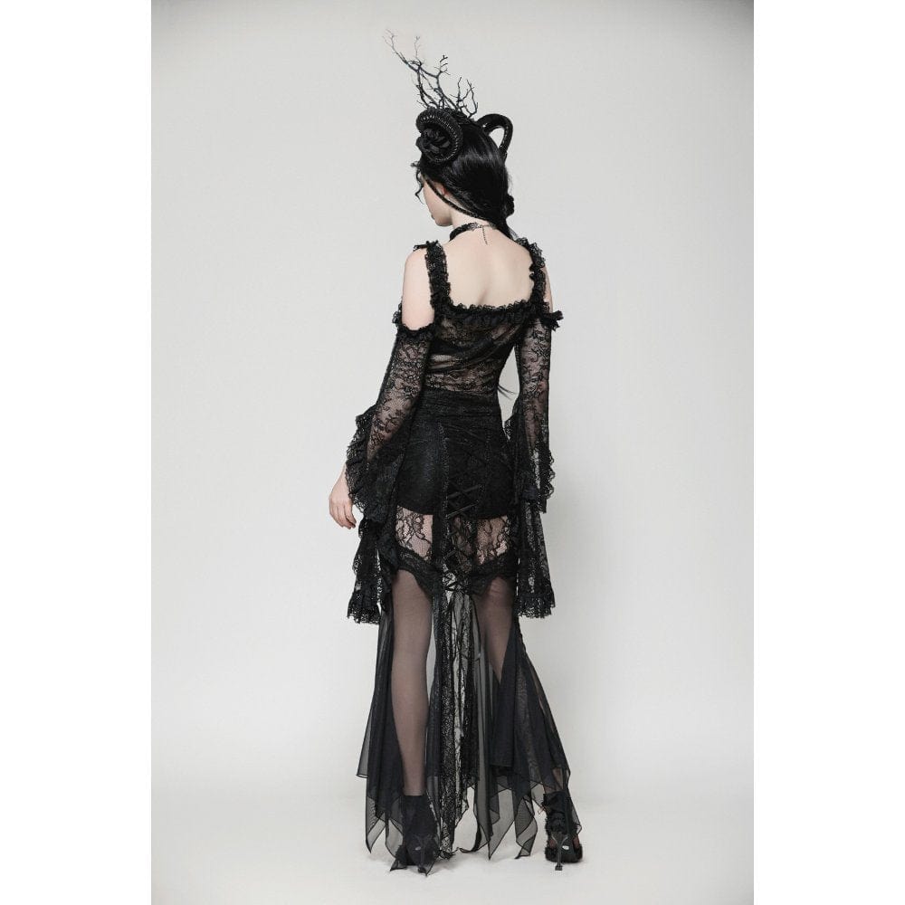 Darkinlove Women's Gothic Lace-up Mesh Splice Lace Fishtailed Skirt