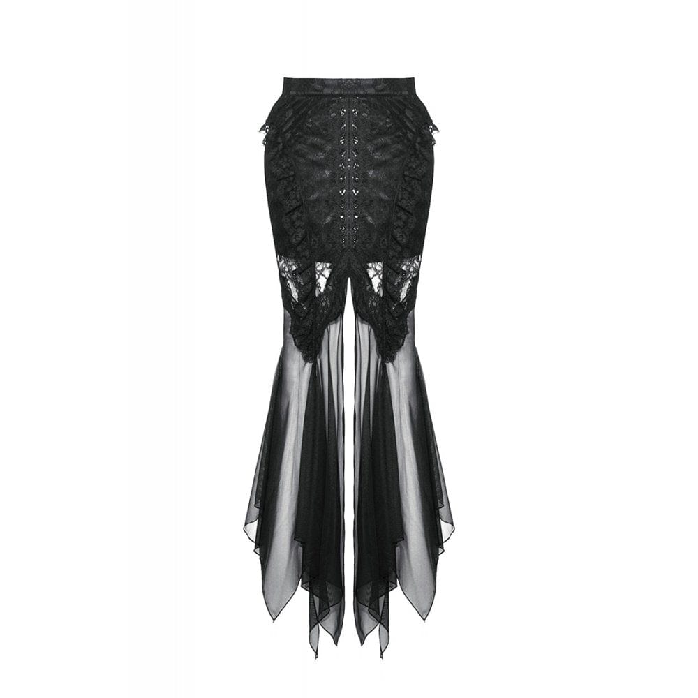 Darkinlove Women's Gothic Lace-up Mesh Splice Lace Fishtailed Skirt