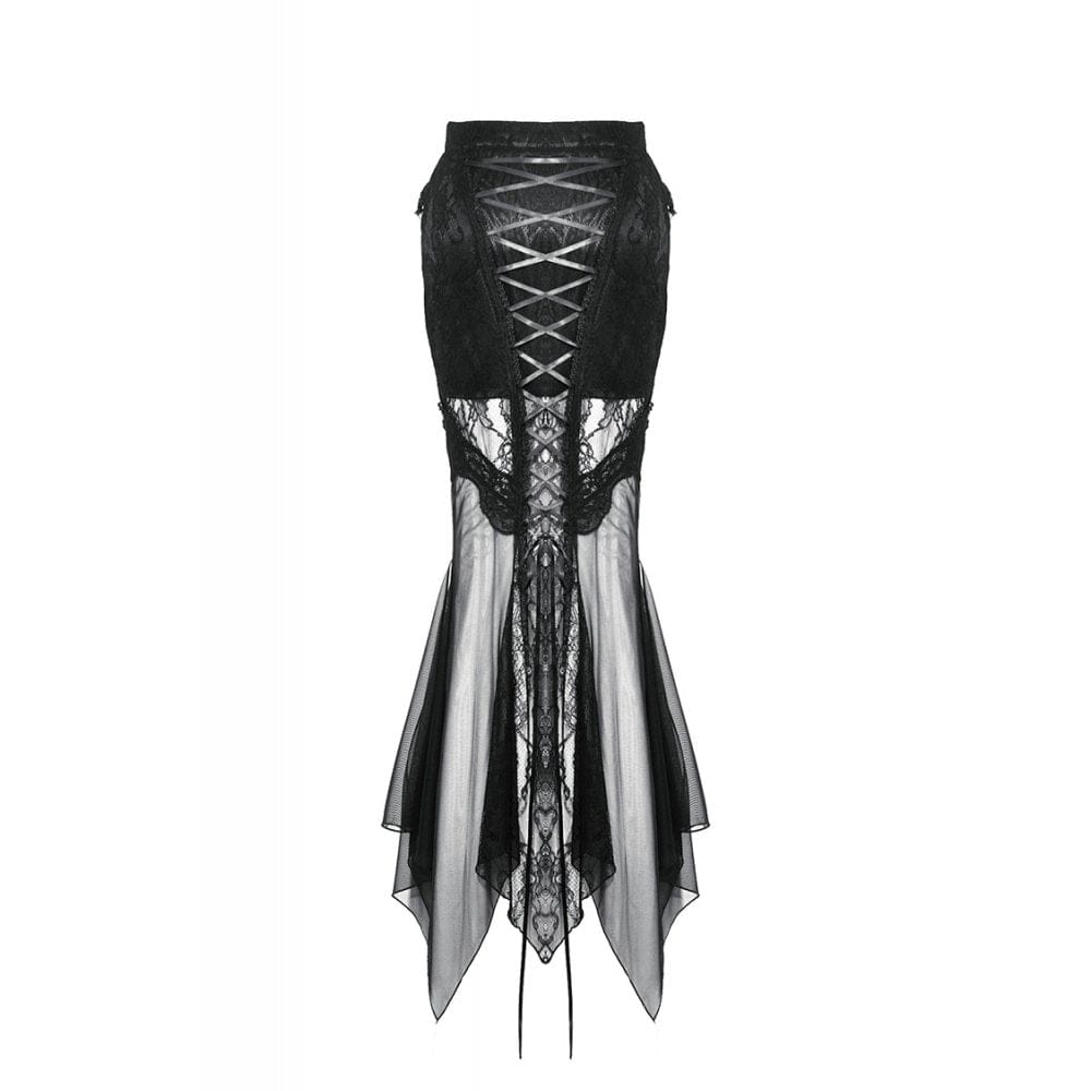 Darkinlove Women's Gothic Lace-up Mesh Splice Lace Fishtailed Skirt