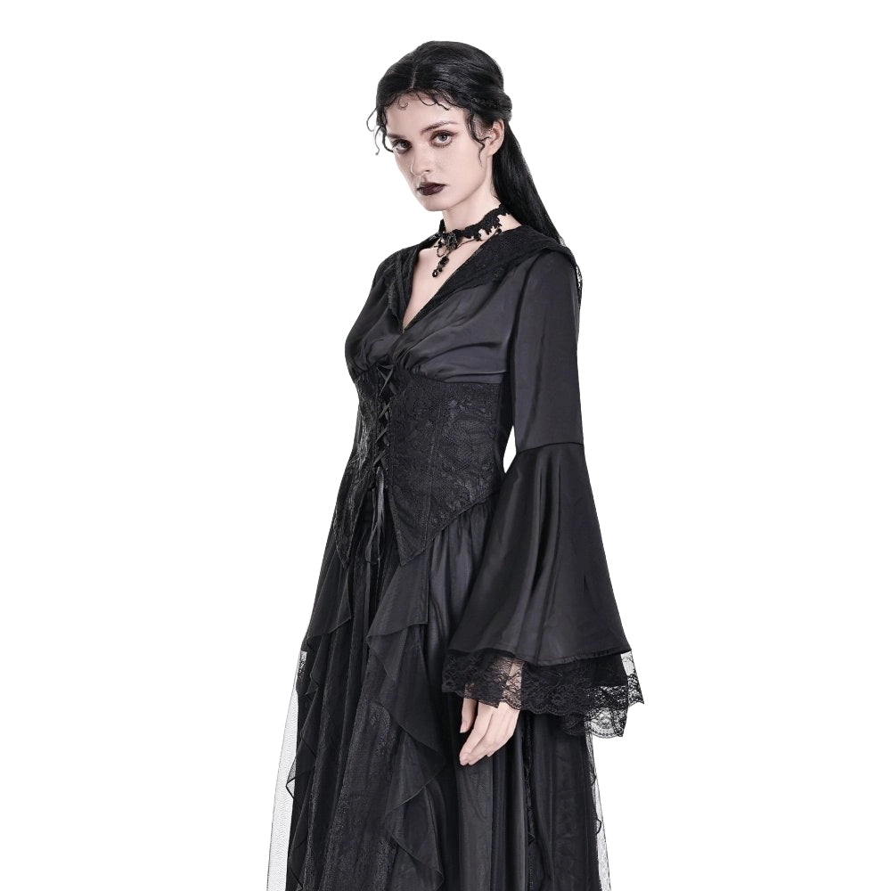 Darkinlove Women's Gothic Lace-up Plunging V-neck Lace Hood Flare Sleeve Blouse