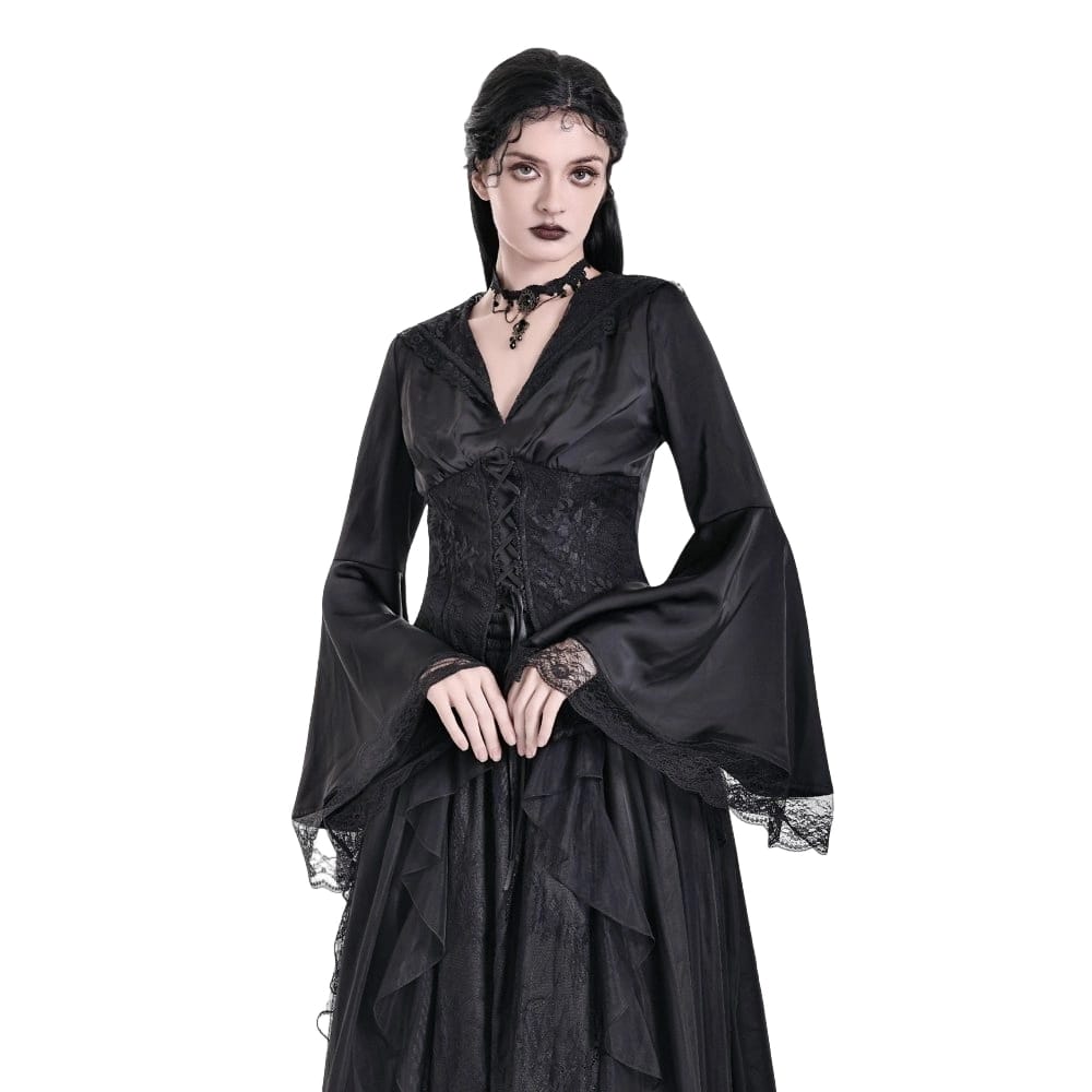 Darkinlove Women's Gothic Lace-up Plunging V-neck Lace Hood Flare Sleeve Blouse