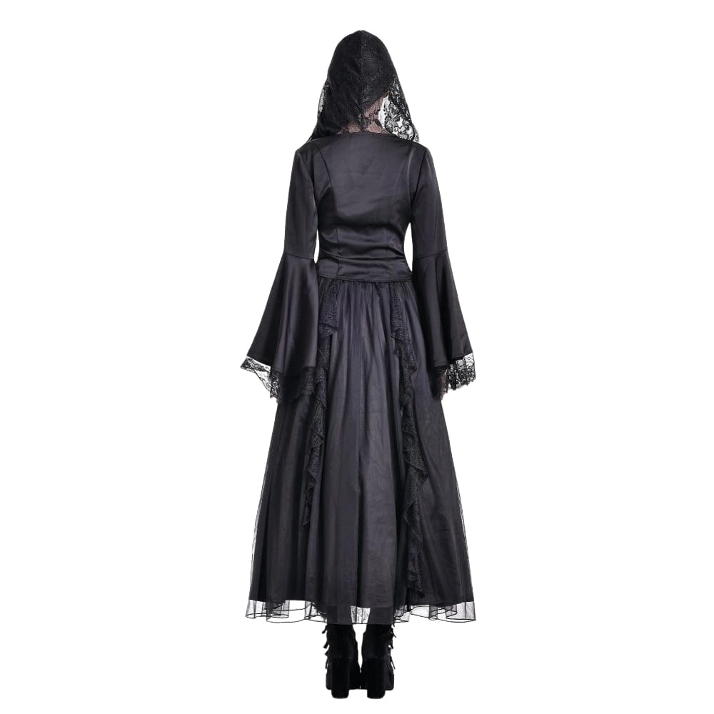 Darkinlove Women's Gothic Lace-up Plunging V-neck Lace Hood Flare Sleeve Blouse