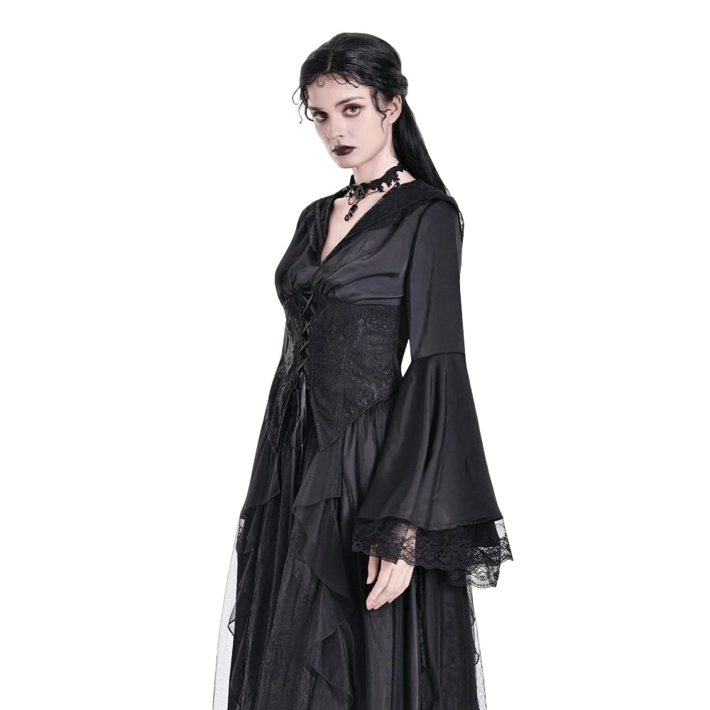 Darkinlove Women's Gothic Lace-up Plunging V-neck Lace Hood Flare Sleeve Blouse