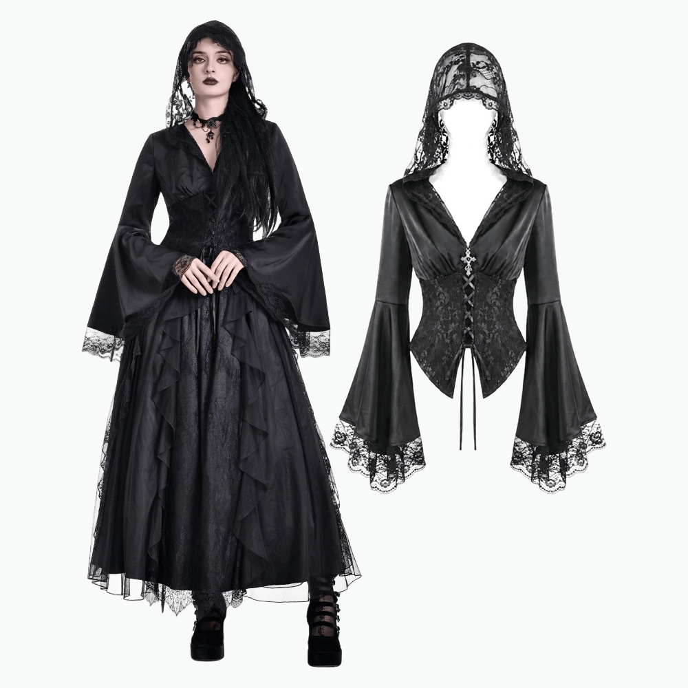 Darkinlove Women's Gothic Lace-up Plunging V-neck Lace Hood Flare Sleeve Blouse