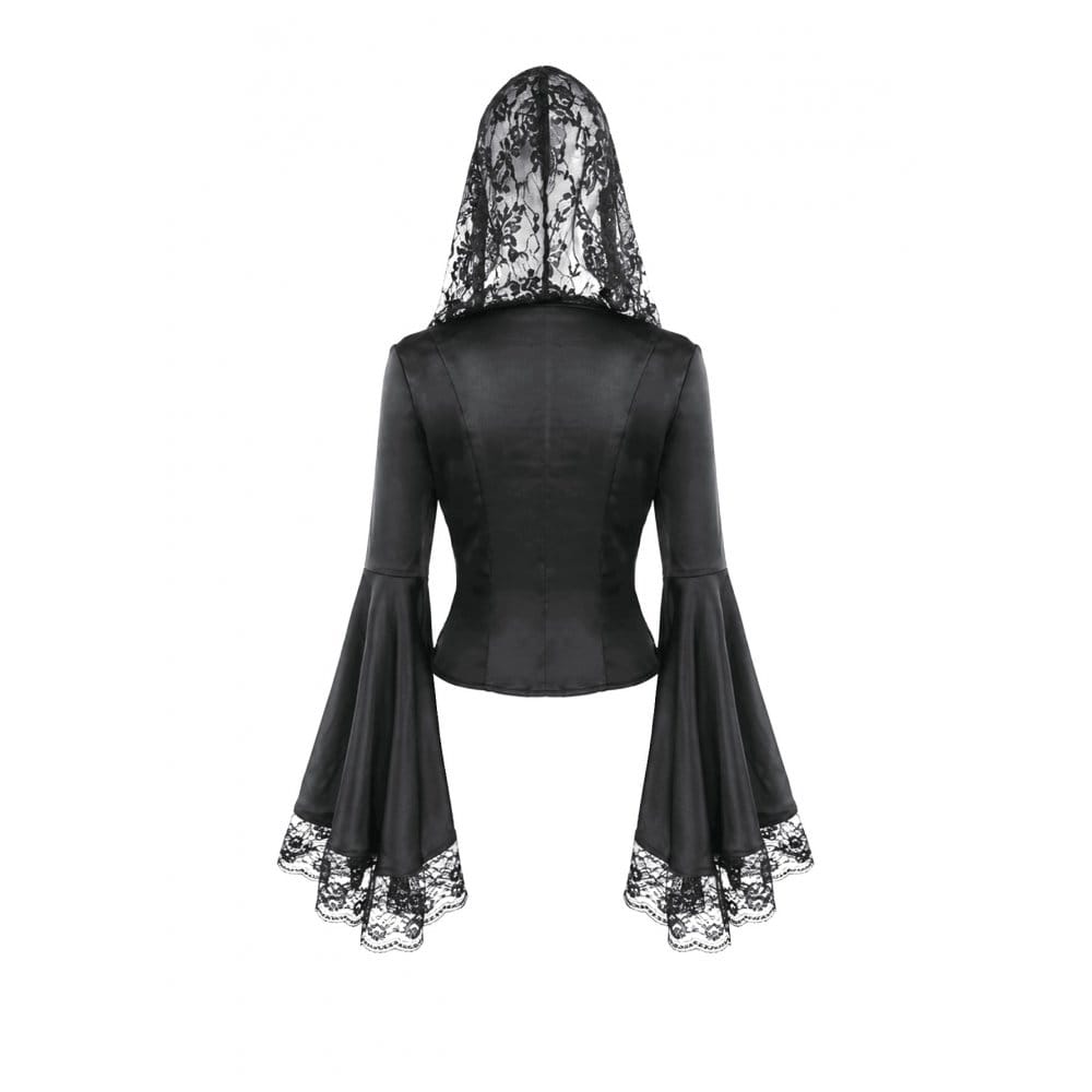 Darkinlove Women's Gothic Lace-up Plunging V-neck Lace Hood Flare Sleeve Blouse