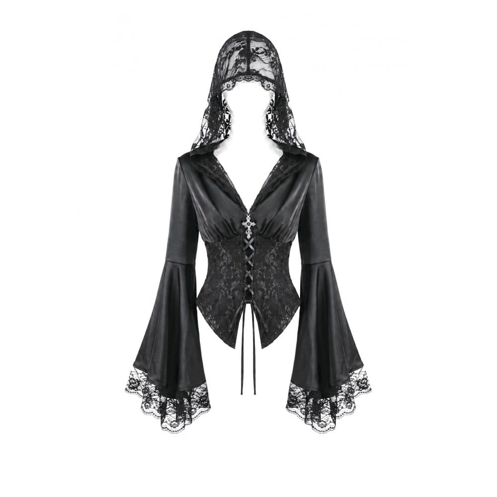 Darkinlove Women's Gothic Lace-up Plunging V-neck Lace Hood Flare Sleeve Blouse