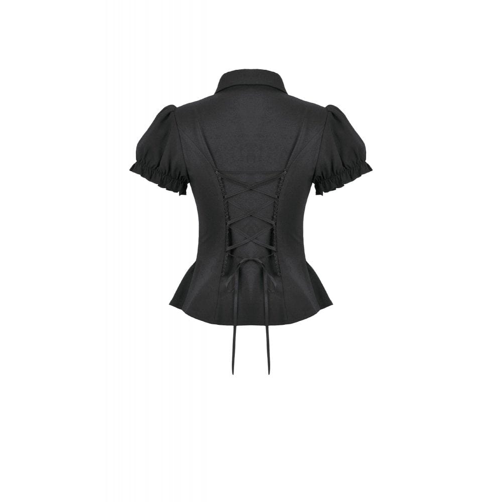 Darkinlove Women's Gothic Lace-up Puff Short Sleeved Shirt with Detachable Bow Tie