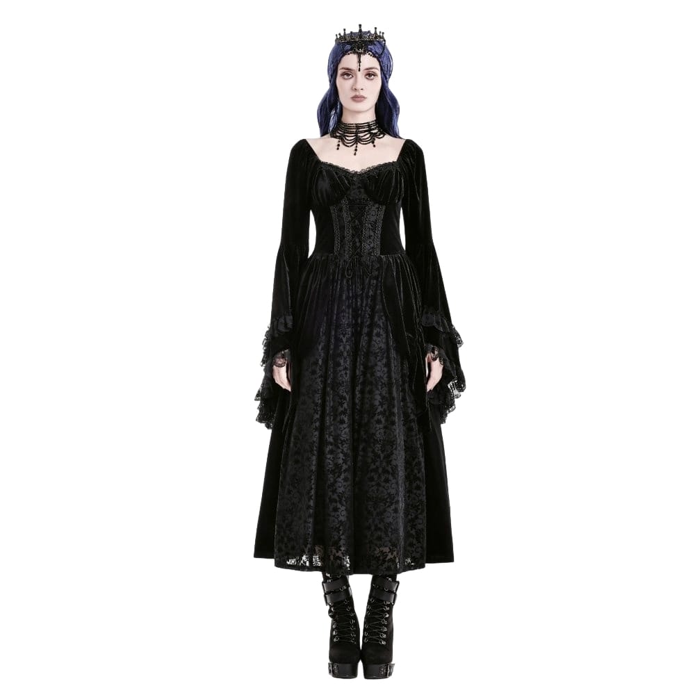 Darkinlove Women's Gothic Lace-up Ruffle Flare Sleeve Maxi Dress Black