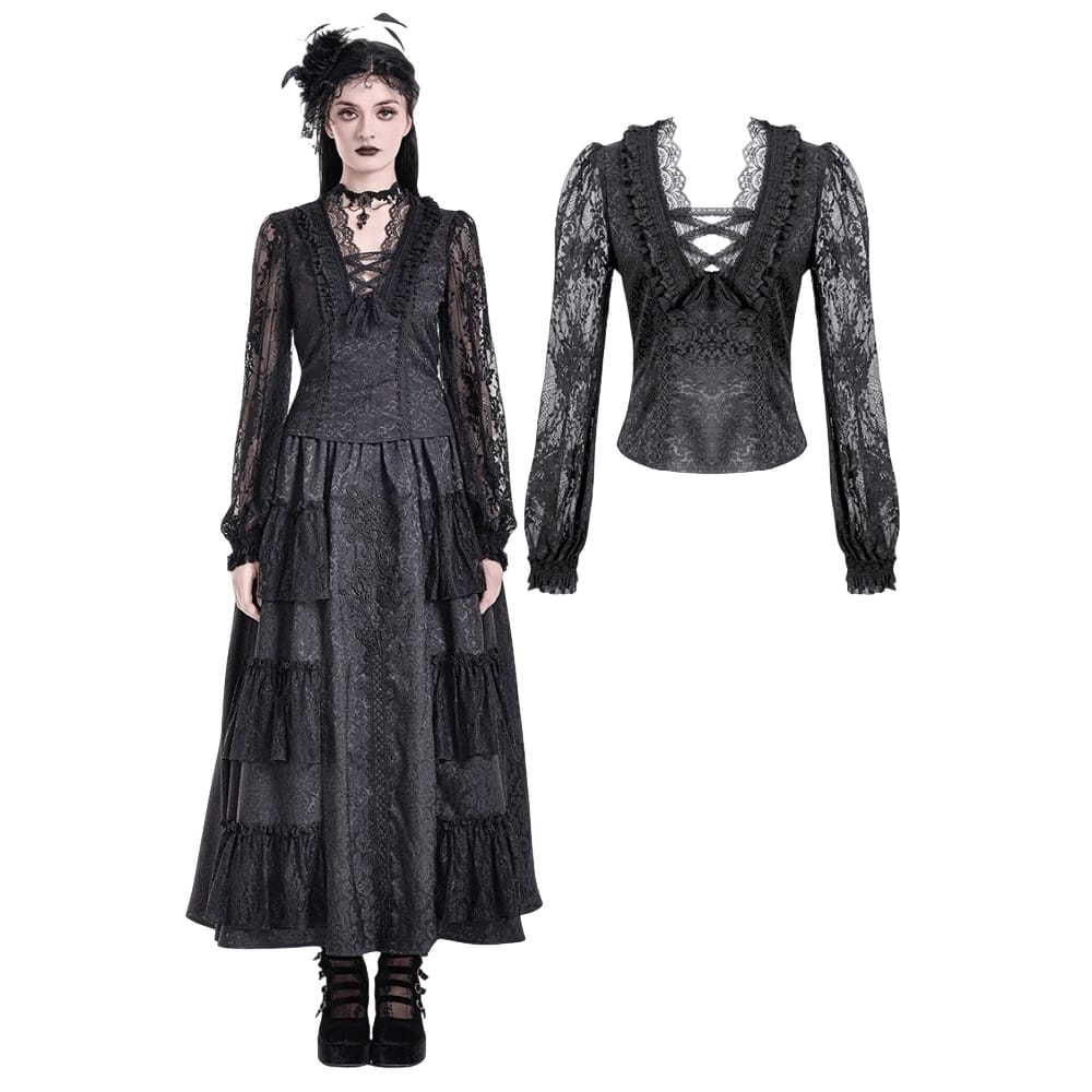 Darkinlove Women's Gothic Lace-up Ruffle Floral Lace Bishop Sleeve Top