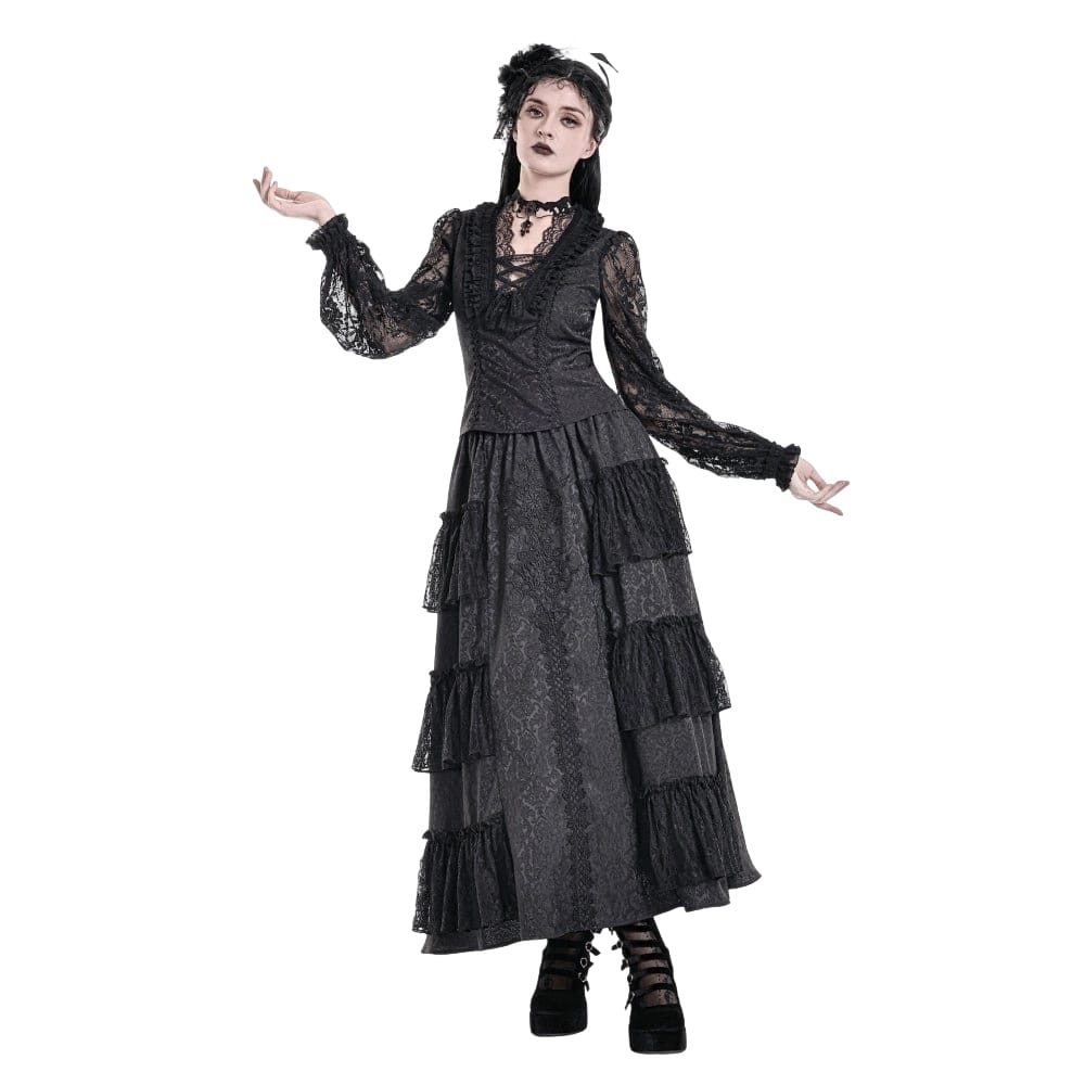 Darkinlove Women's Gothic Lace-up Ruffle Floral Lace Bishop Sleeve Top