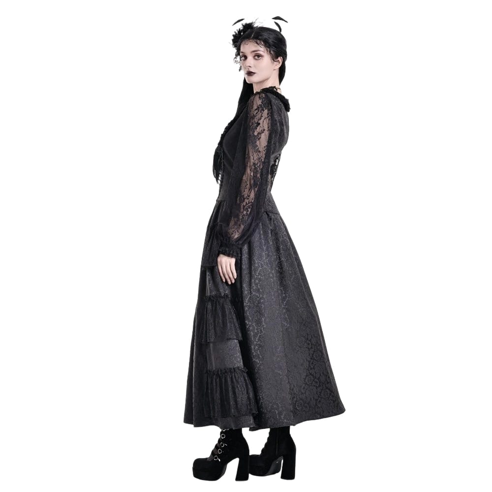 Darkinlove Women's Gothic Lace-up Ruffle Floral Lace Bishop Sleeve Top