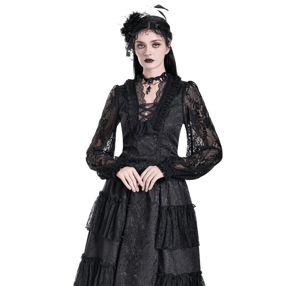 Darkinlove Women's Gothic Lace-up Ruffle Floral Lace Bishop Sleeve Top