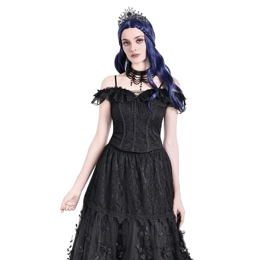 Darkinlove Women's Gothic Lace-up Ruffle Off-shoulder Lace Top