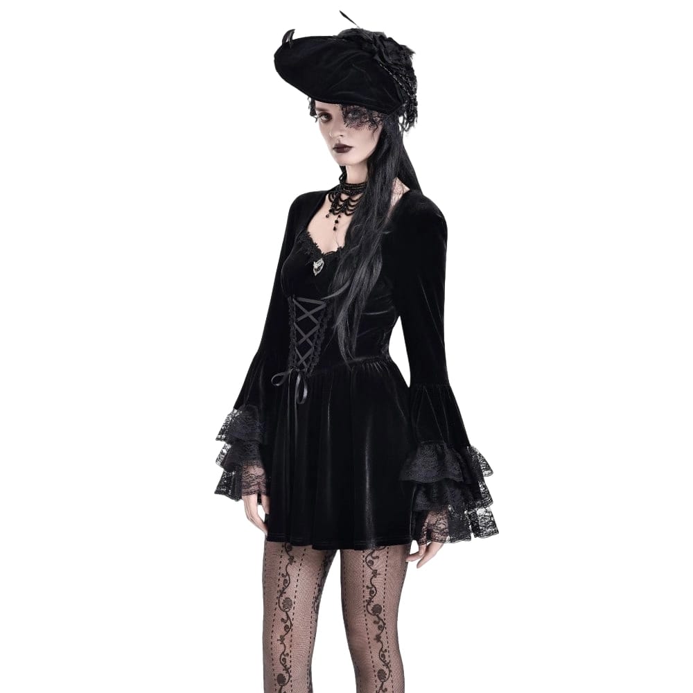 Darkinlove Women's Gothic Lace-up Square-cut Collar Flare Sleeve Dress