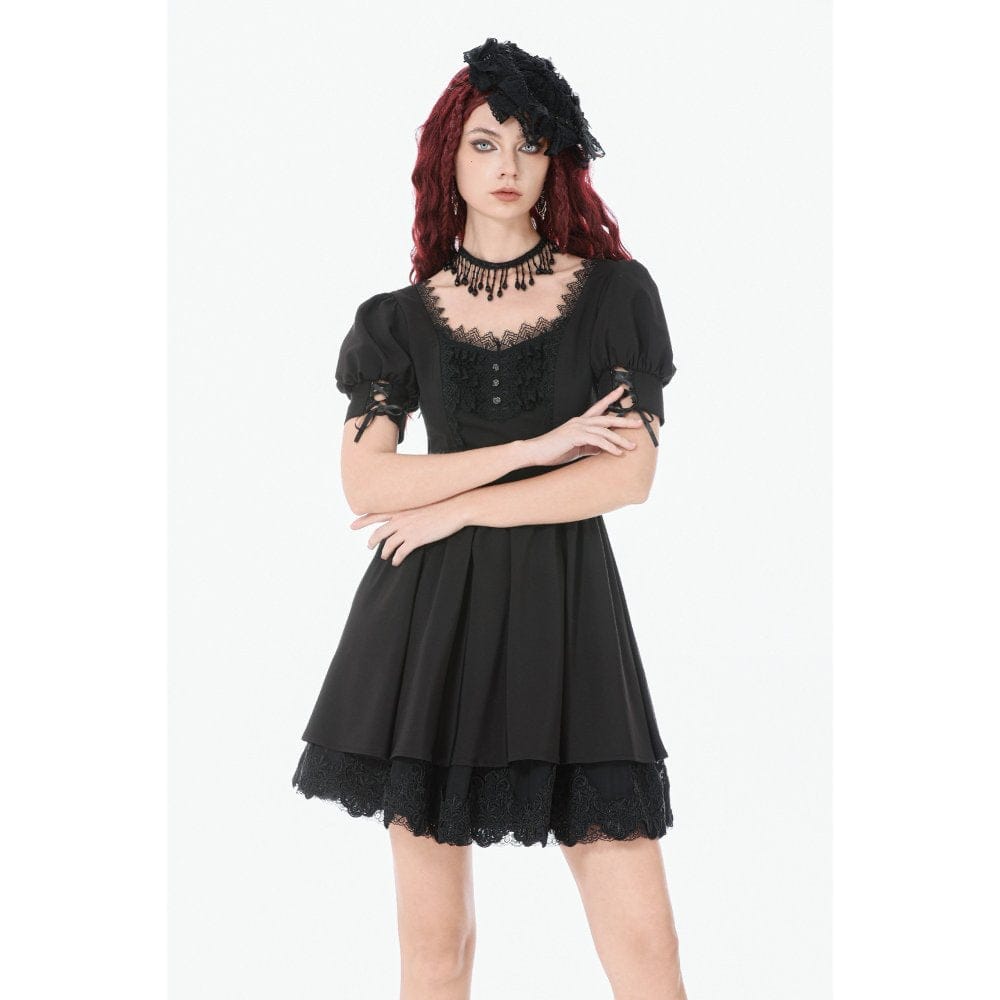 Darkinlove Women's Gothic Lace-up Square-cut Collar Puff Short Sleeved Dress