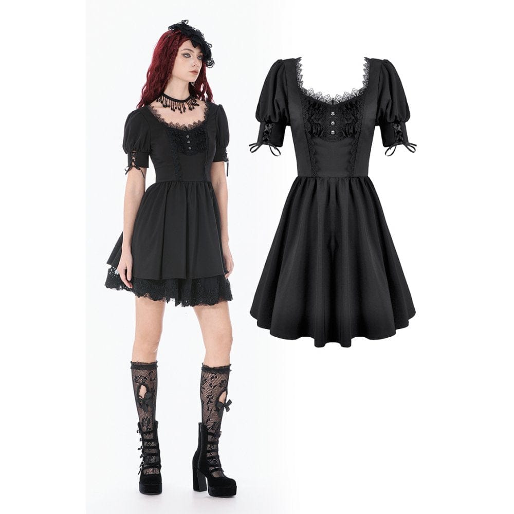 Darkinlove Women's Gothic Lace-up Square-cut Collar Puff Short Sleeved Dress
