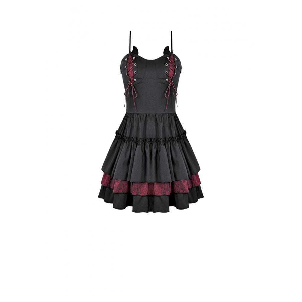 Darkinlove Women's Gothic Lace-up Two-tone Layered Ruffle Hem Slip Dress