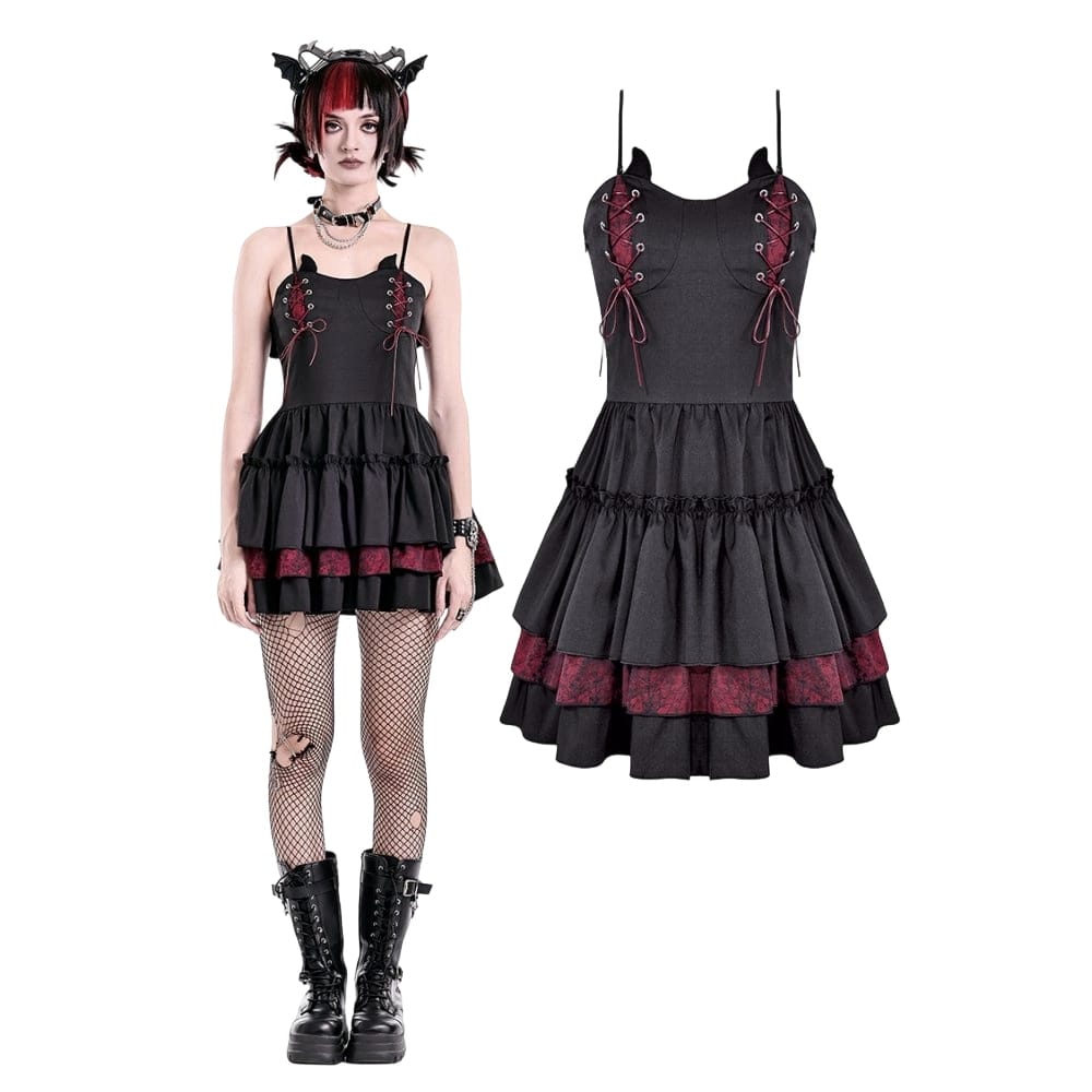 Darkinlove Women's Gothic Lace-up Two-tone Layered Ruffle Hem Slip Dress
