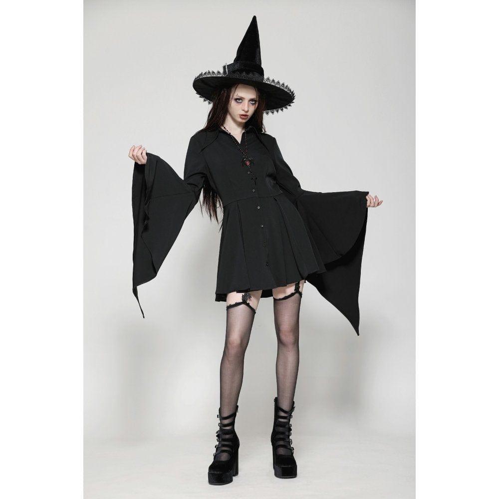 Darkinlove Women's Gothic Lapel Collar Flared Sleeved Witch Dress